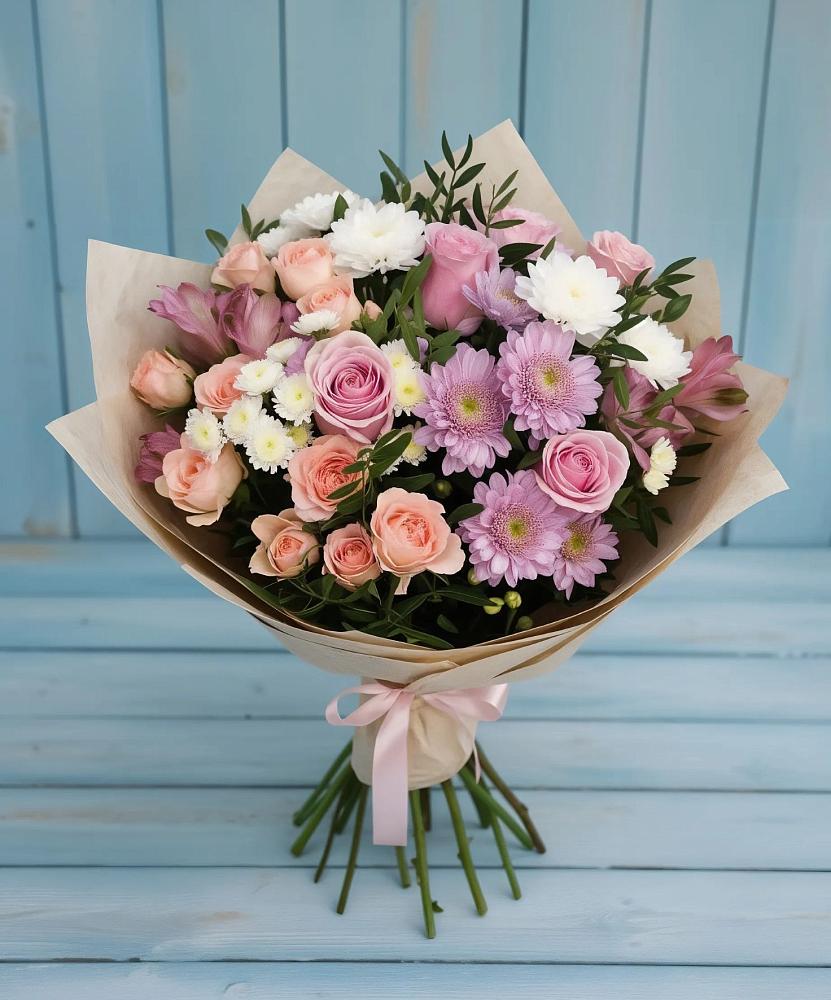 Букет цветов из: Хризантемы, Розы и Альстромерии в Новобейсугской