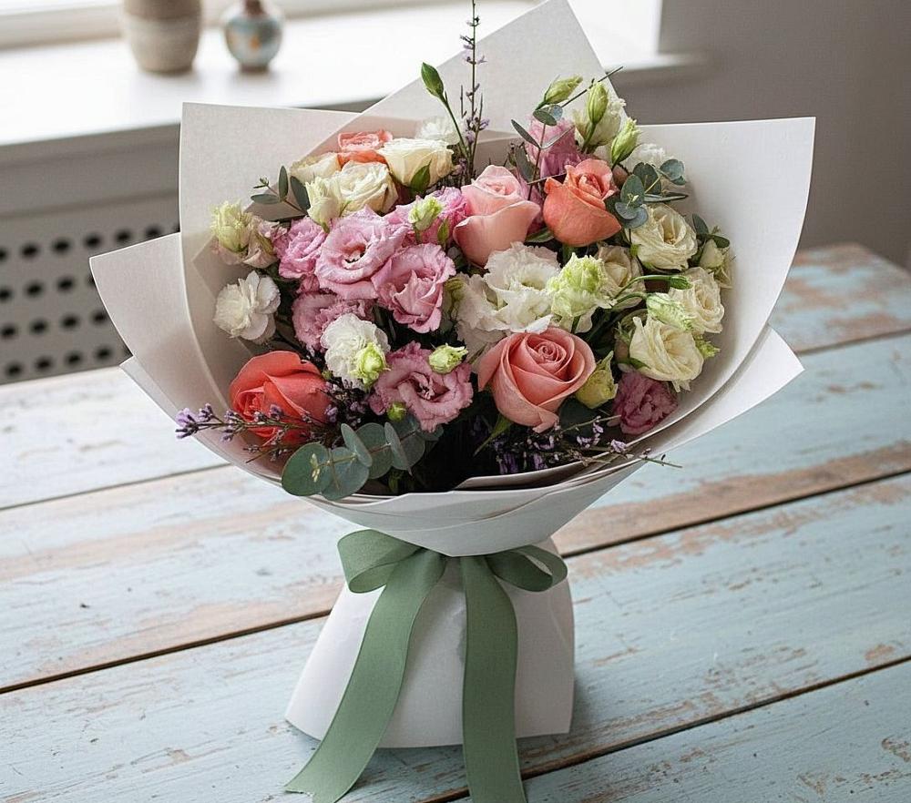 Букет цветов из: Розы, Лизиантусы и Гвоздики в Новобейсугской