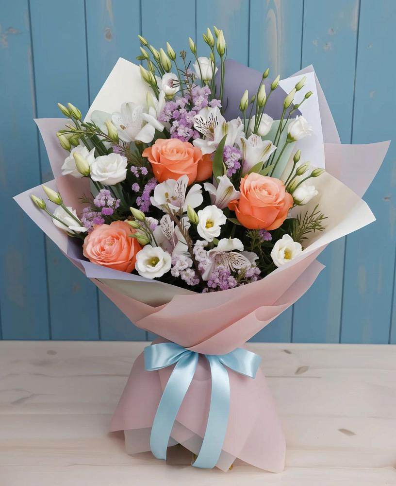 Букет цветов из: Лизиантусы, Розы, Альстромерии и Гипсофила в Новобейсугской