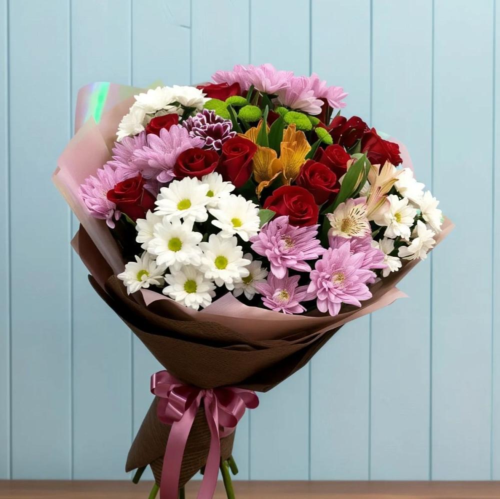 Букет цветов из: Розы, Хризантемы и Альстромерии в Новобейсугской